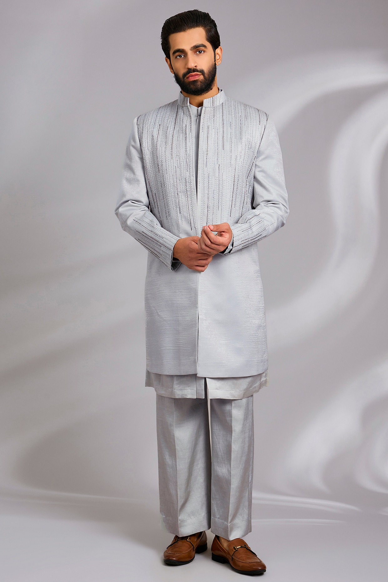 Sulakshna Jasra Pista Green Tissue Threadwork Indo-Western Set