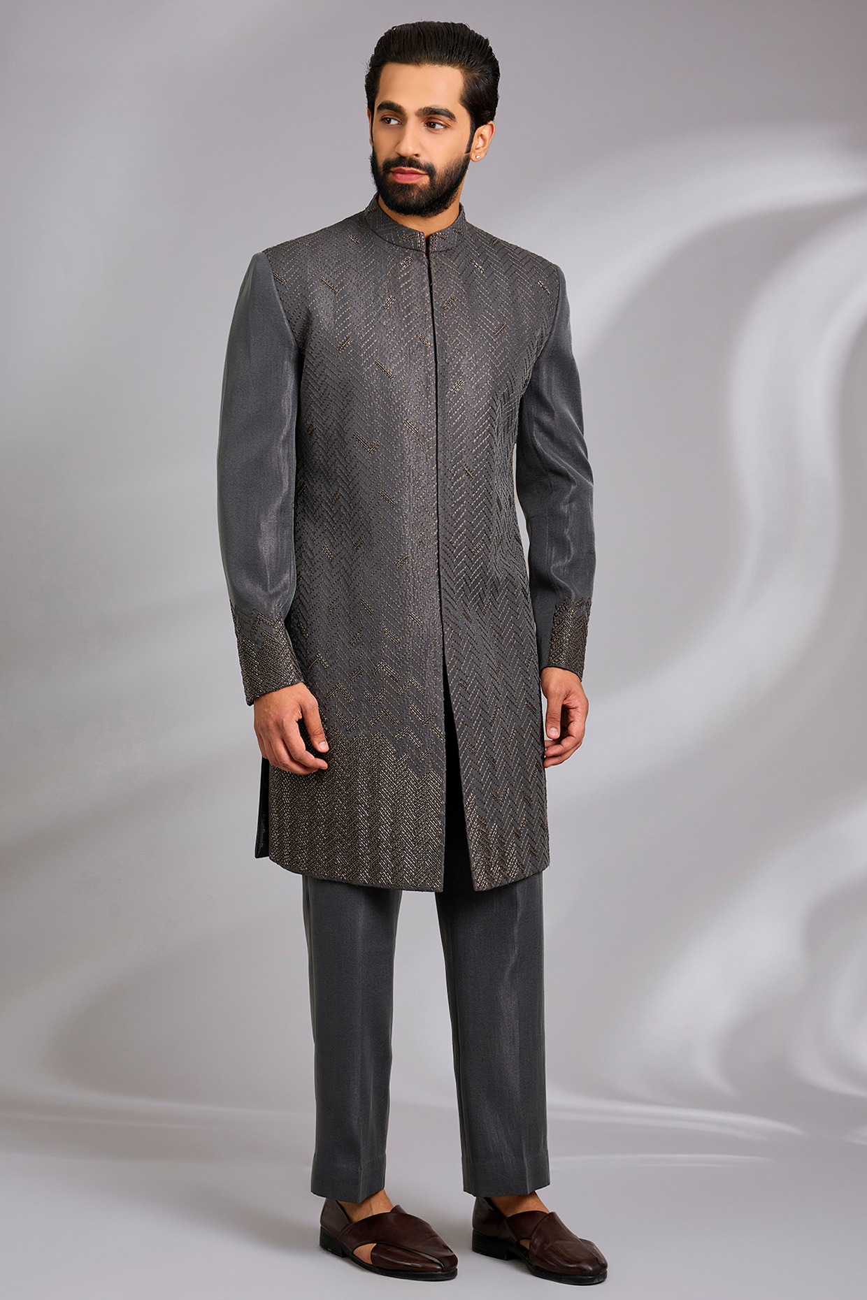 Sulakshna Jasra Charcoal Grey Sandwash Thread Embroidered Indo-Western Set