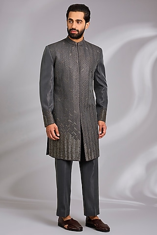Charcoal Grey Sandwash Thread Embroidered Indo-Western Set by Sulakshna Jasra