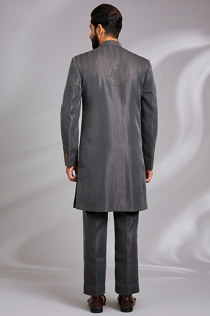 Charcoal Grey Sandwash Thread Embroidered Indo-Western Set by Sulakshna Jasra at Pernia's Pop Up Shop