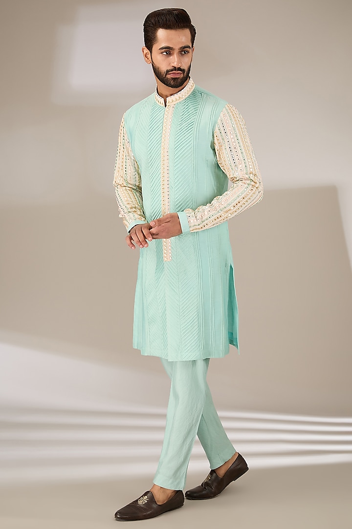 Sea Green Chanderi Gota Patti Embroidered Pleated Kurta Set by Sulakshna Jasra