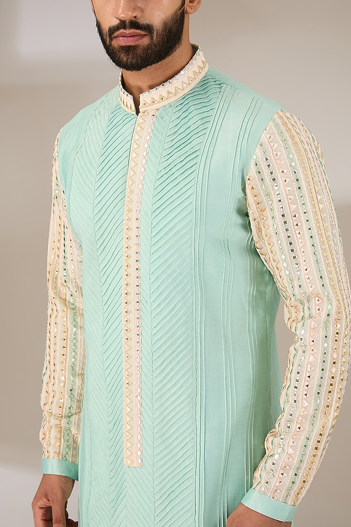 Sea Green Chanderi Gota Patti Embroidered Pleated Kurta Set by Sulakshna Jasra at Pernia's Pop Up Shop