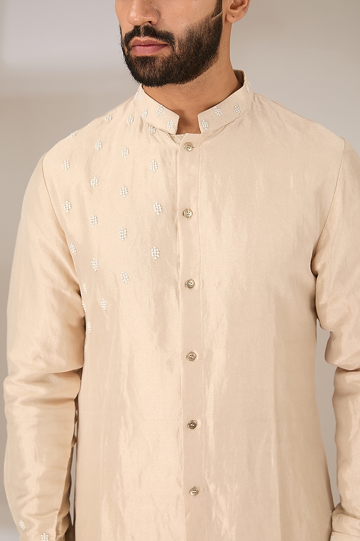 Beige Tissue French Knot Embroidered Kurta Set by Sulakshna Jasra at Pernia's Pop Up Shop