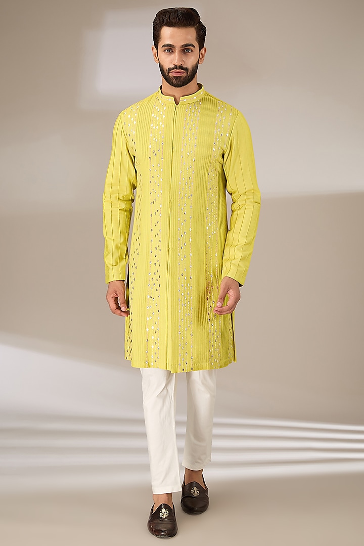 Lime Green Modal Cotton Gota Embroidered Kurta Set by Sulakshna Jasra