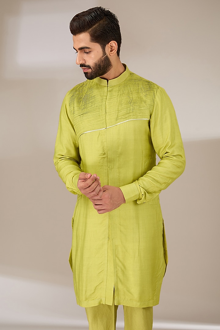 Green Cotton Tussar Pintucks Kurta Set by Sulakshna Jasra at Pernia's Pop Up Shop