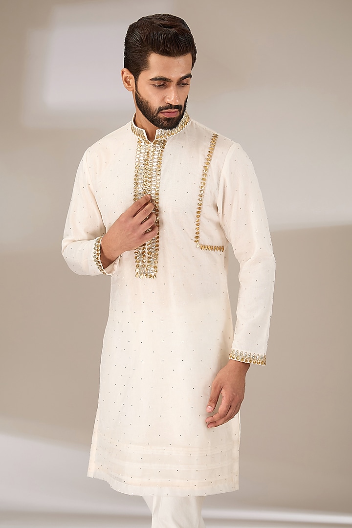 Ivory Tissue Gota Patti Hand Embroidered Kurta Set by Sulakshna Jasra at Pernia's Pop Up Shop