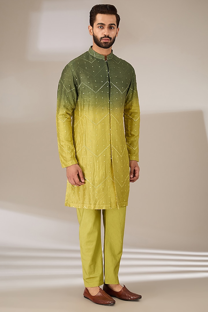 Green Ombre Silk Blend Patra Embroidered Kurta Set by Sulakshna Jasra