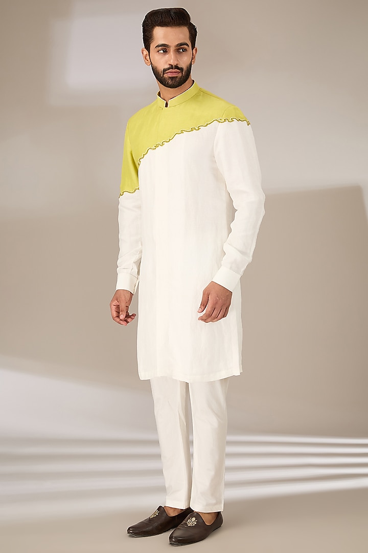 White Linen Satin Kurta Set by Sulakshna Jasra