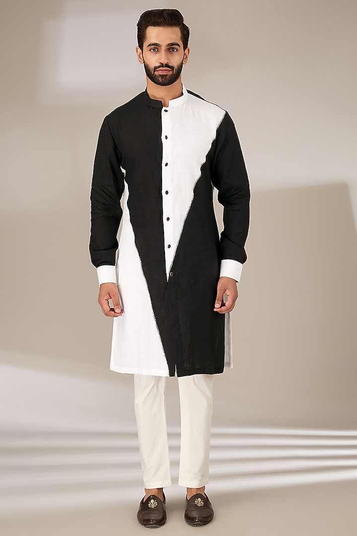 Black & White Linen Cut-N-Sew Pattern Kurta Set by Sulakshna Jasra