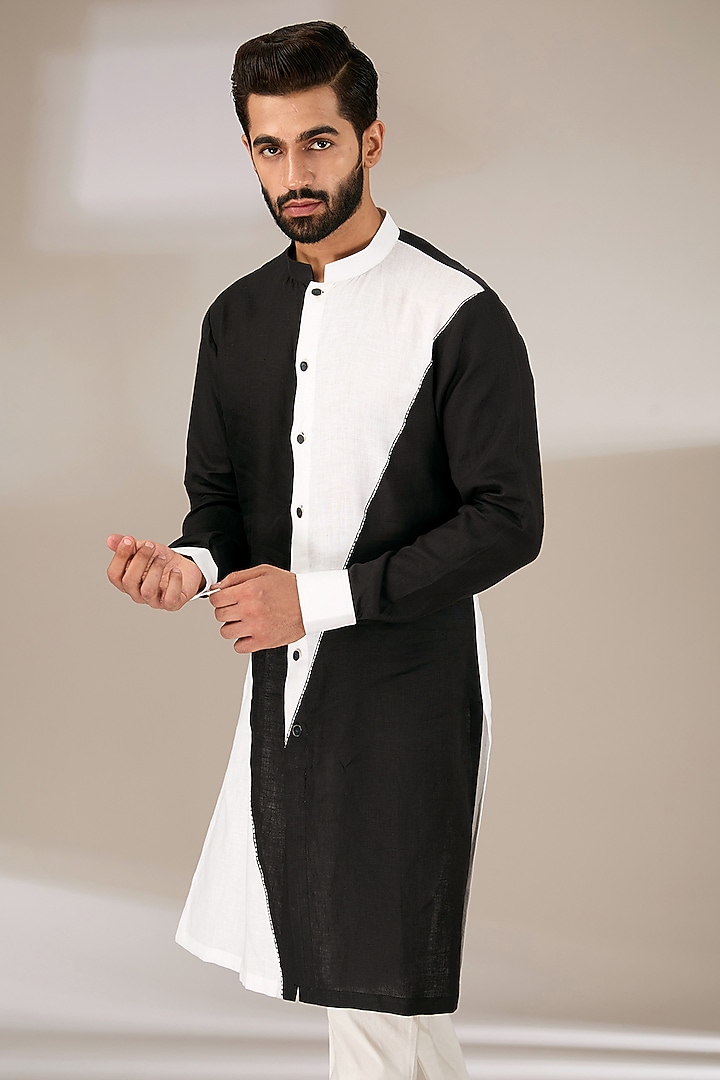 Black & White Linen Cut-N-Sew Pattern Kurta Set by Sulakshna Jasra at Pernia's Pop Up Shop