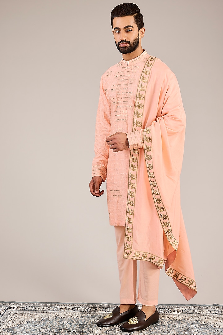 Peach Silk Handblock Printed & Dabka Embroidered Kurta Set by Sulakshna Jasra