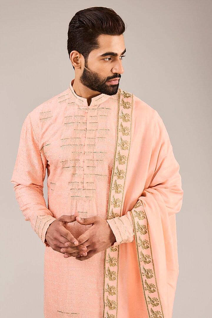 Peach Silk Handblock Printed & Dabka Embroidered Kurta Set by Sulakshna Jasra at Pernia's Pop Up Shop