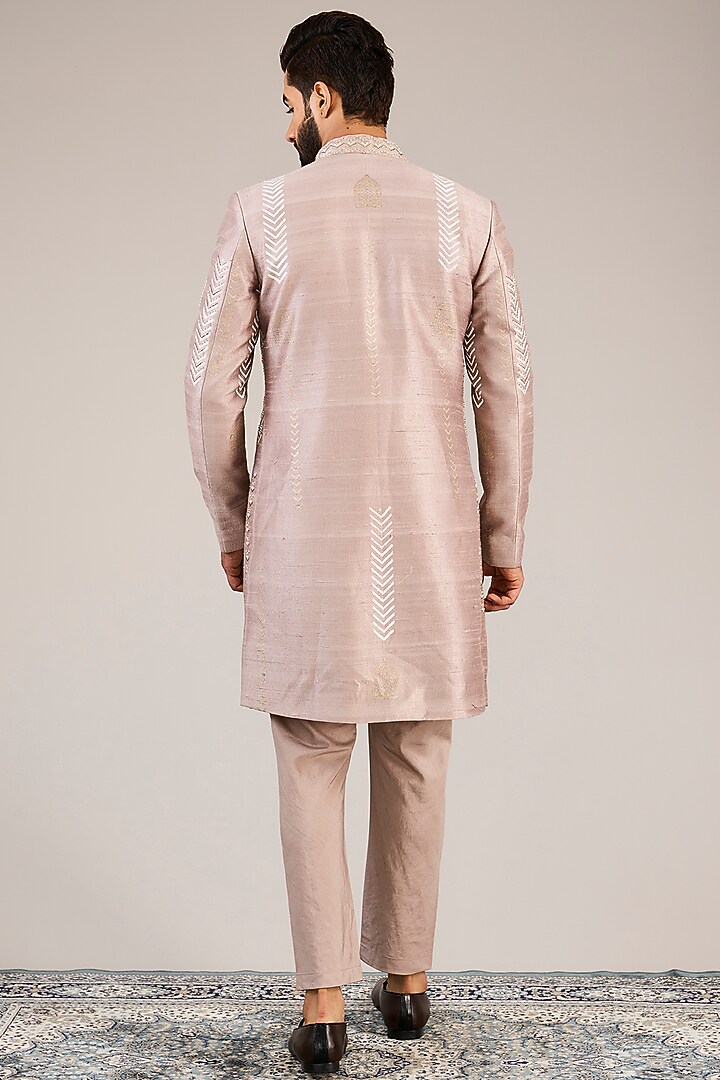 Pink Raw Silk Handblock Printed & Dabka Embroidered Wedding Indowestern Set by Sulakshna Jasra at Pernia's Pop Up Shop
