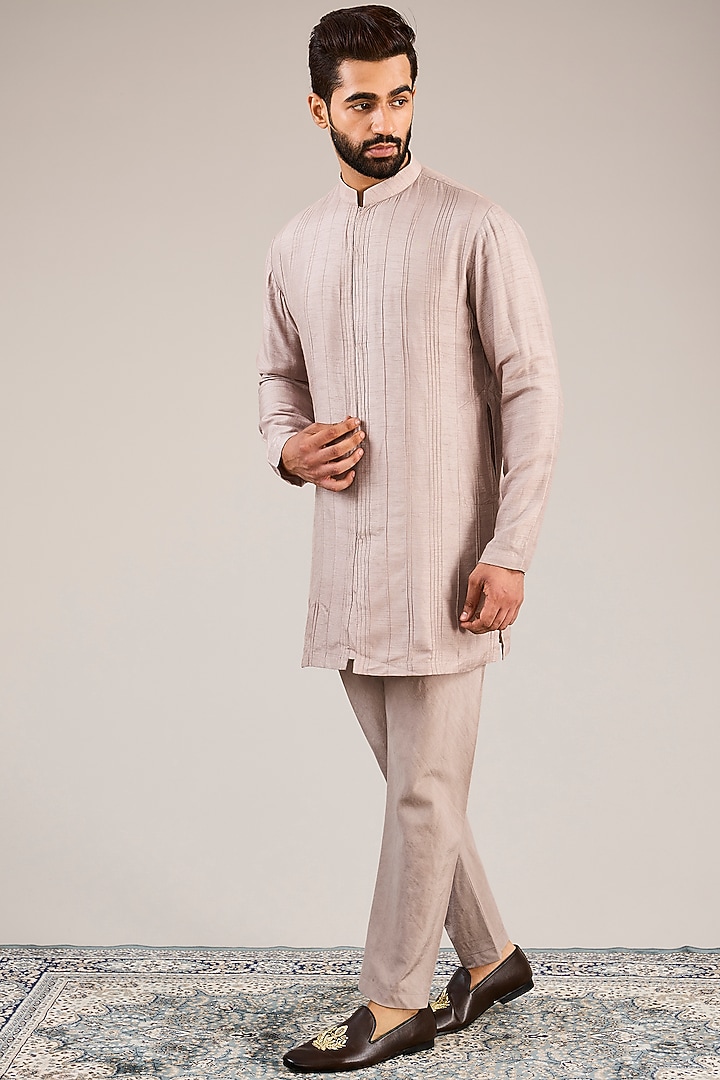 Pink Raw Silk Handblock Printed & Dabka Embroidered Wedding Indowestern Set by Sulakshna Jasra at Pernia's Pop Up Shop