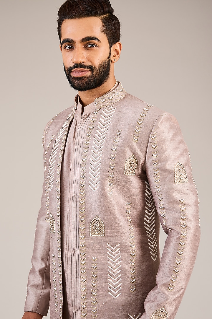 Pink Raw Silk Handblock Printed & Dabka Embroidered Wedding Indowestern Set by Sulakshna Jasra at Pernia's Pop Up Shop