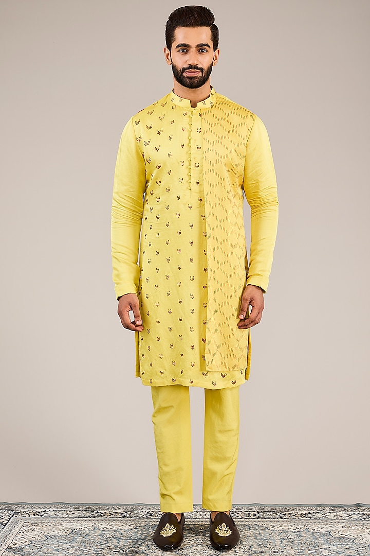 Yellow Satin Linen French Knots Hand Embroidered Kurta Set by Sulakshna Jasra