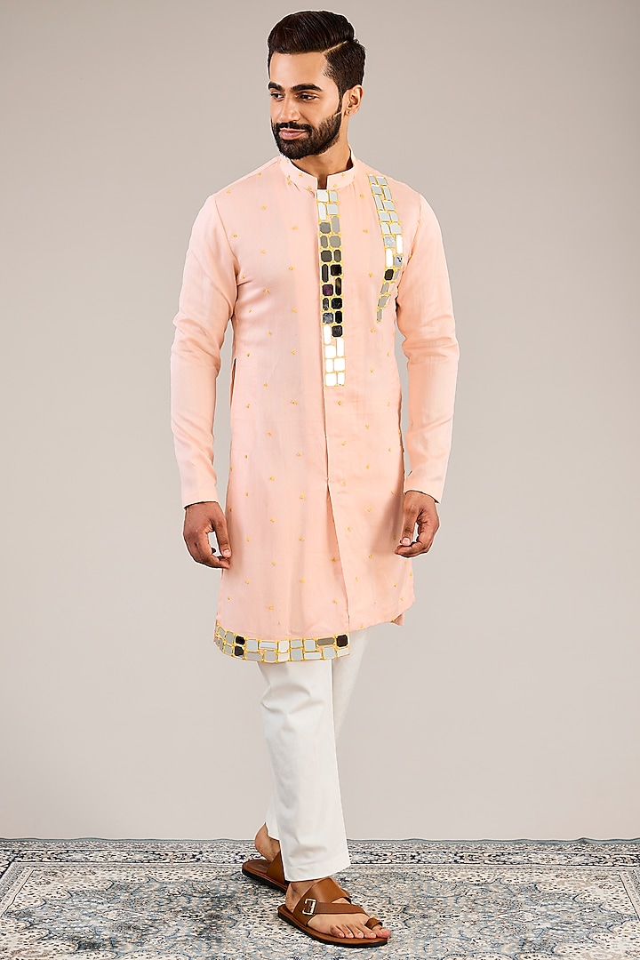 Peach Chanderi Silk Mirror Embroidered Kurta Set by Sulakshna Jasra