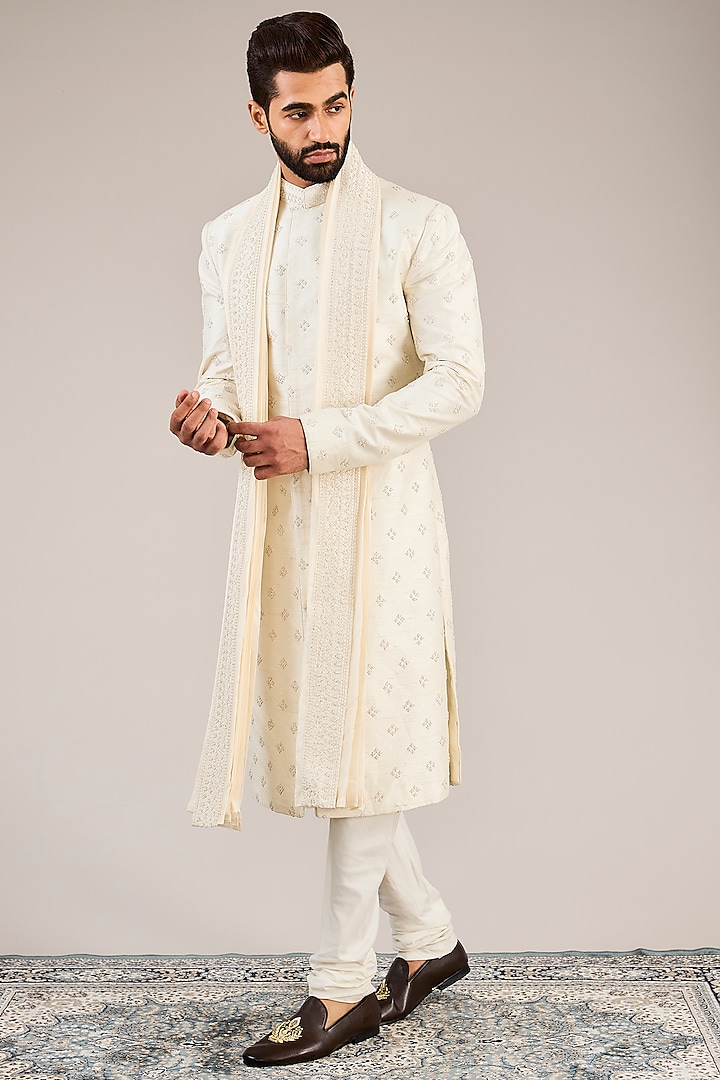 Ivory Raw Silk French Knot Embroidered Sherwani Set by Sulakshna Jasra