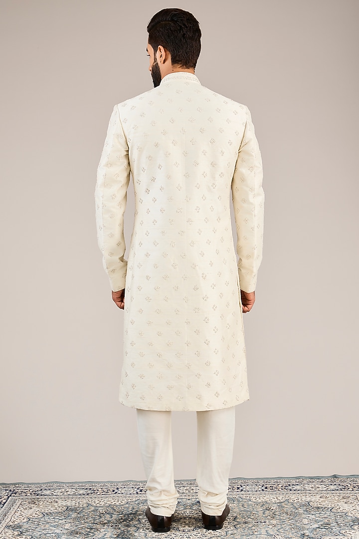 Ivory Raw Silk French Knot Embroidered Groom Sherwani Set by Sulakshna Jasra at Pernia's Pop Up Shop