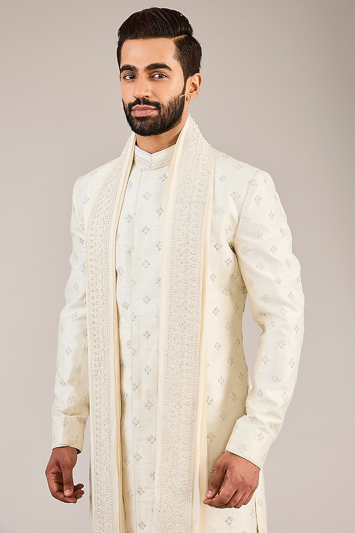 Ivory Raw Silk French Knot Embroidered Groom Sherwani Set by Sulakshna Jasra at Pernia's Pop Up Shop