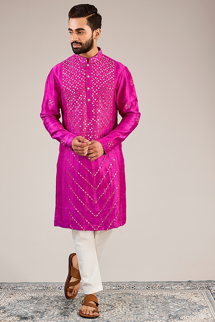 Fuchsia Pink Raw Silk Mirror Embroidered Kurta Set by Sulakshna Jasra