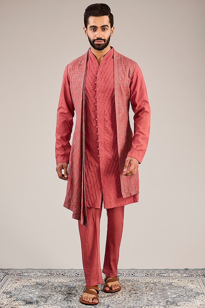 Rust Cotton Tussar Threadwork Kurta Set by Sulakshna Jasra