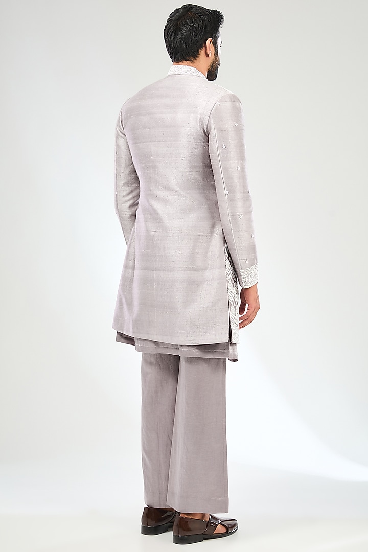Dusty Lilac Satin Hand Embroidered Wedding Indowestern Set by Sulakshna Jasra at Pernia's Pop Up Shop