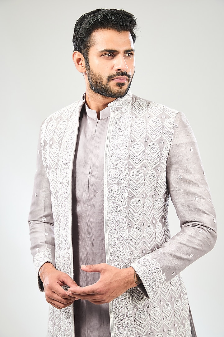 Dusty Lilac Satin Hand Embroidered Wedding Indowestern Set by Sulakshna Jasra at Pernia's Pop Up Shop