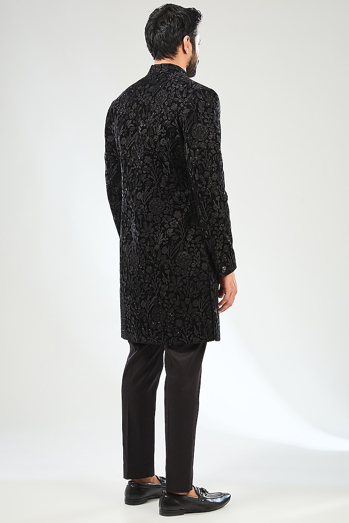 Black Velvet Hand Embroidered Wedding Indowestern Set by Sulakshna Jasra at Pernia's Pop Up Shop