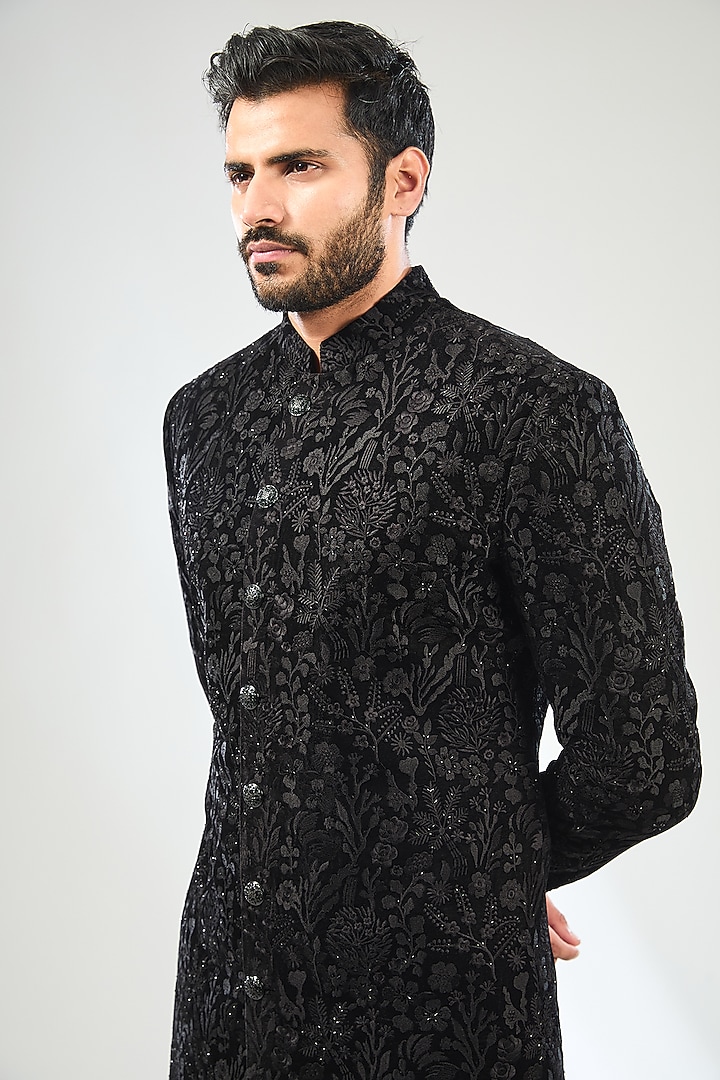 Black Velvet Hand Embroidered Wedding Indowestern Set by Sulakshna Jasra at Pernia's Pop Up Shop