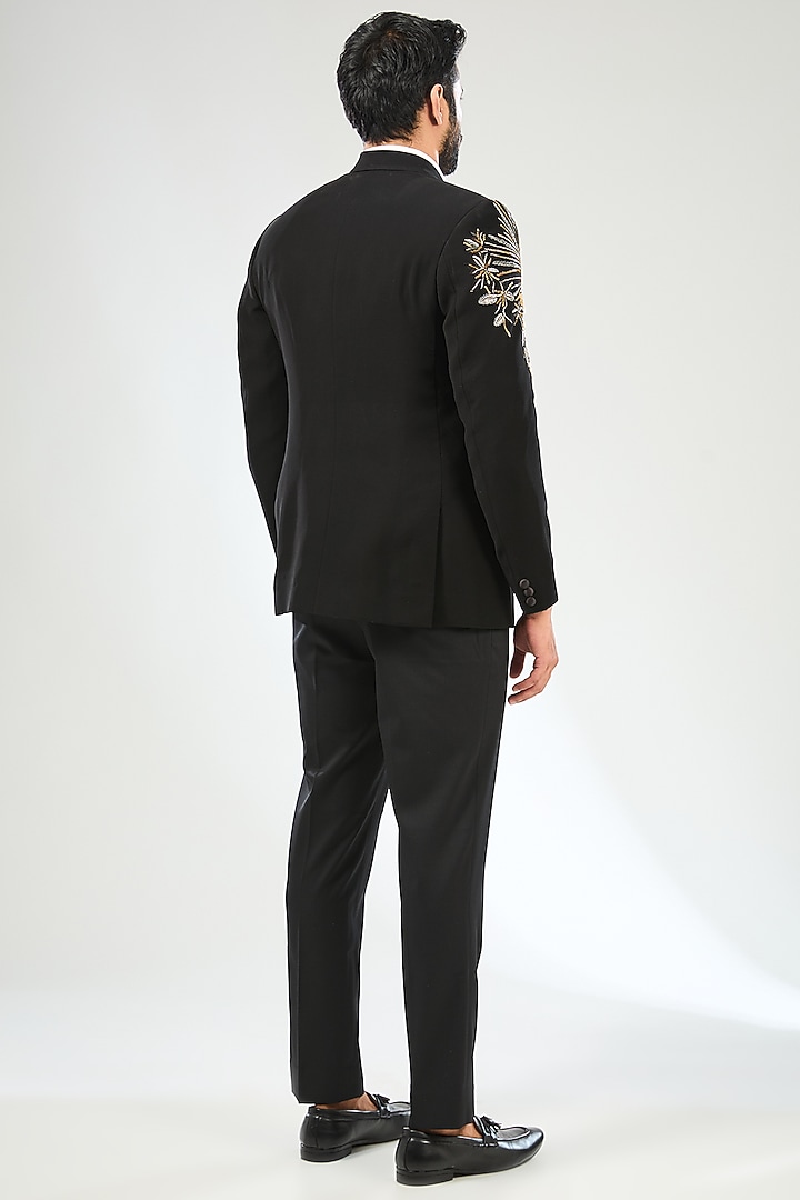 Black Japanese Crepe Hand Embroidered Tuxedo Set by Sulakshna Jasra at Pernia's Pop Up Shop
