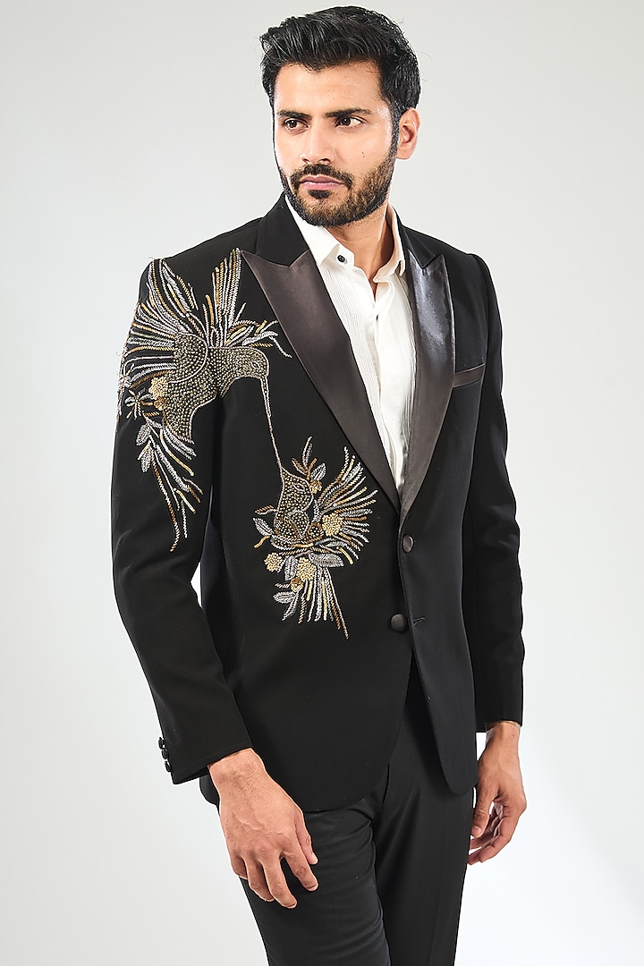 Black Japanese Crepe Hand Embroidered Tuxedo Set by Sulakshna Jasra at Pernia's Pop Up Shop