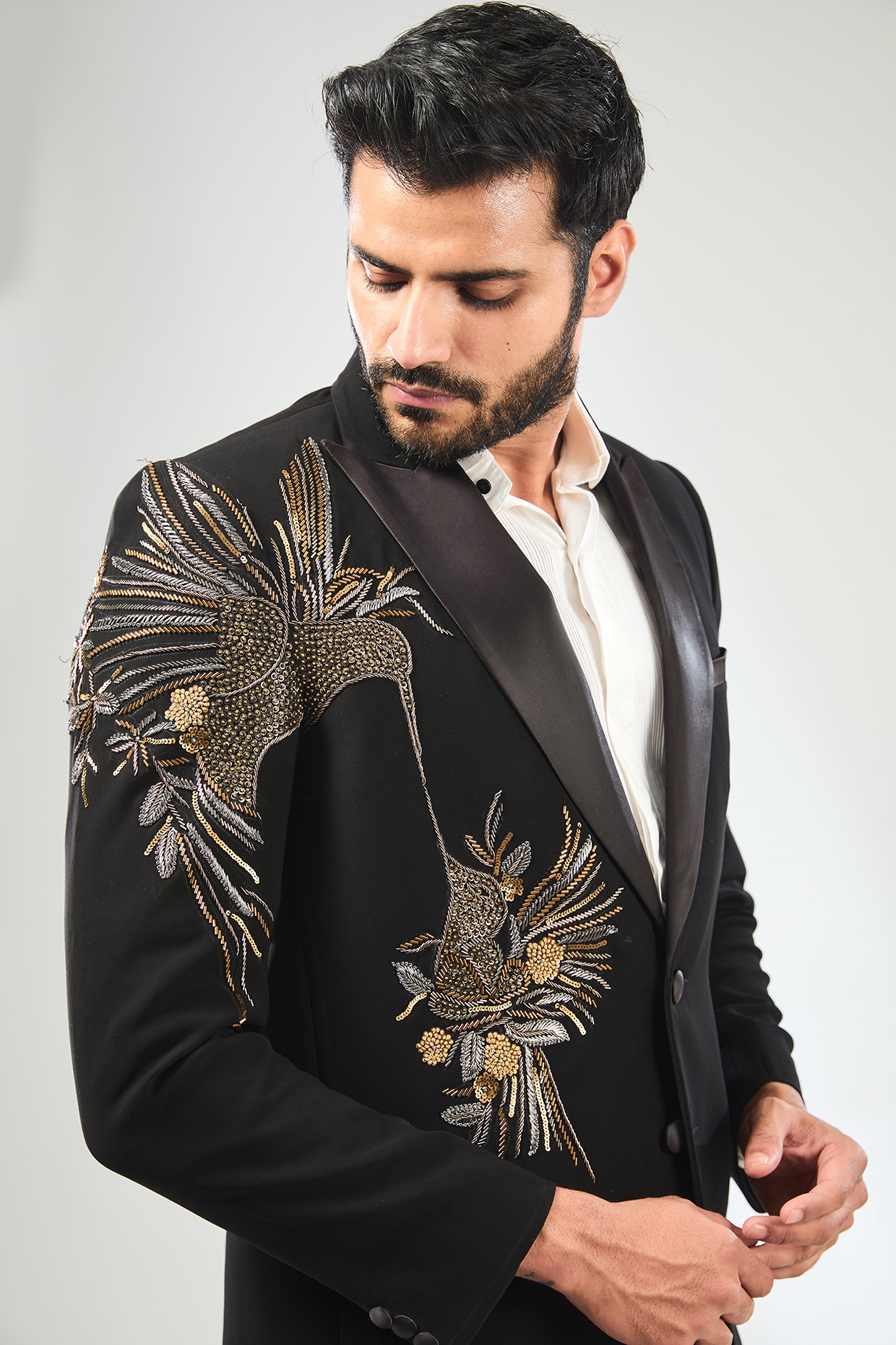 Black Japanese Crepe Hand Embroidered Tuxedo Set by Sulakshna