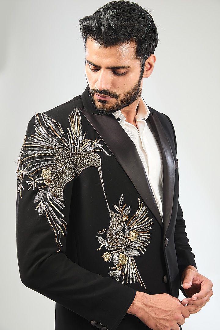 Black Japanese Crepe Hand Embroidered Tuxedo Set by Sulakshna Jasra at Pernia's Pop Up Shop