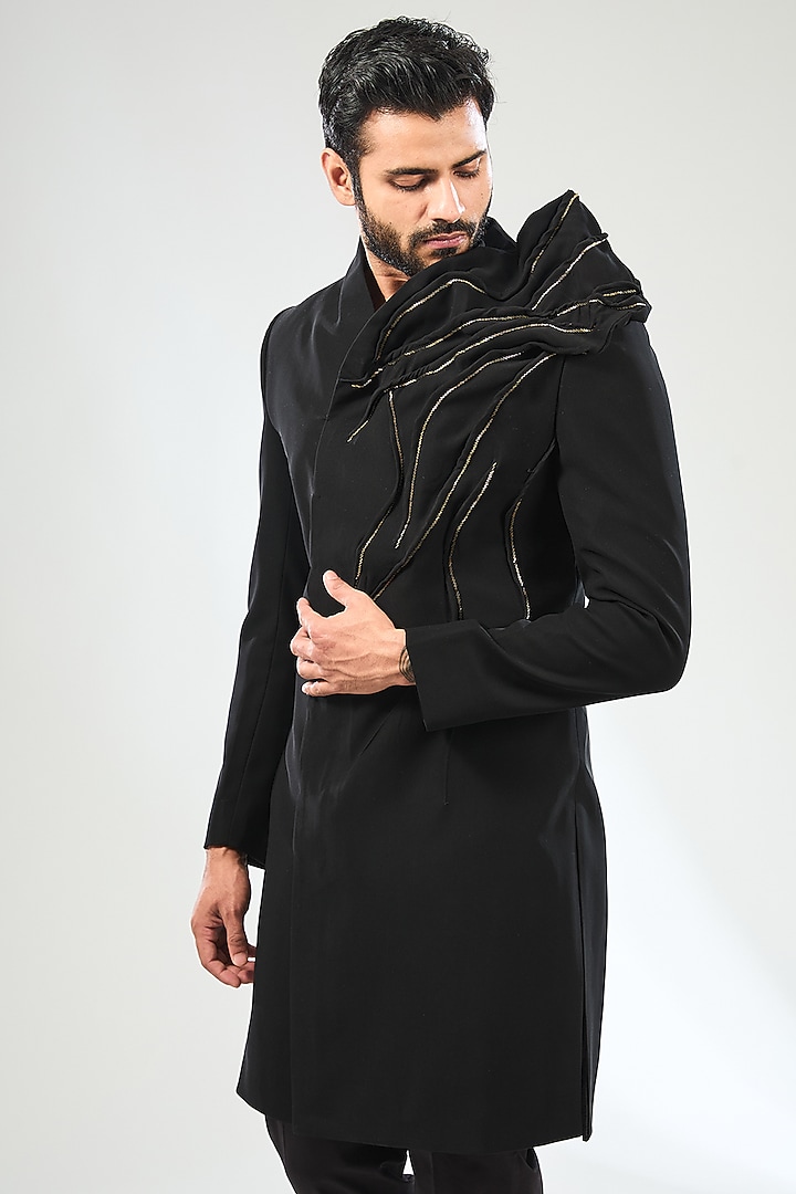 Black Japanese Crepe Hand Embroidered Wedding Indowestern Set by Sulakshna Jasra at Pernia's Pop Up Shop