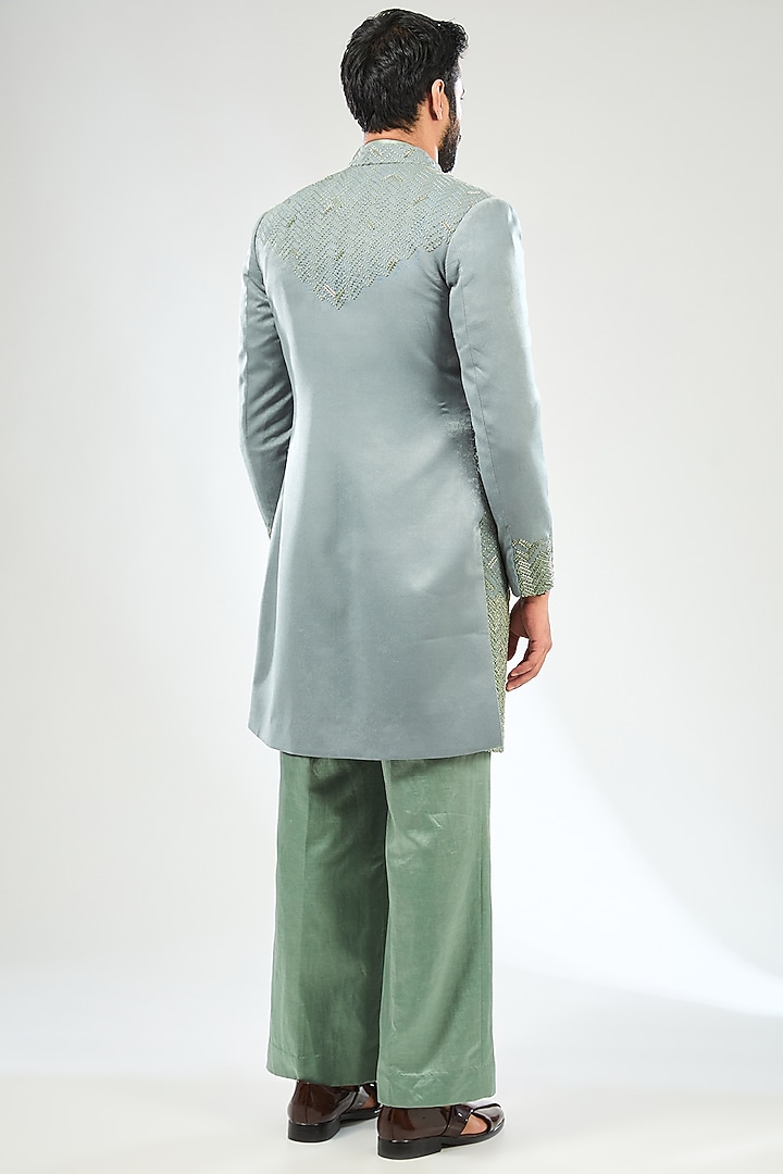 Green Velvet Satin Hand Embroidered Wedding Indowestern Set by Sulakshna Jasra at Pernia's Pop Up Shop