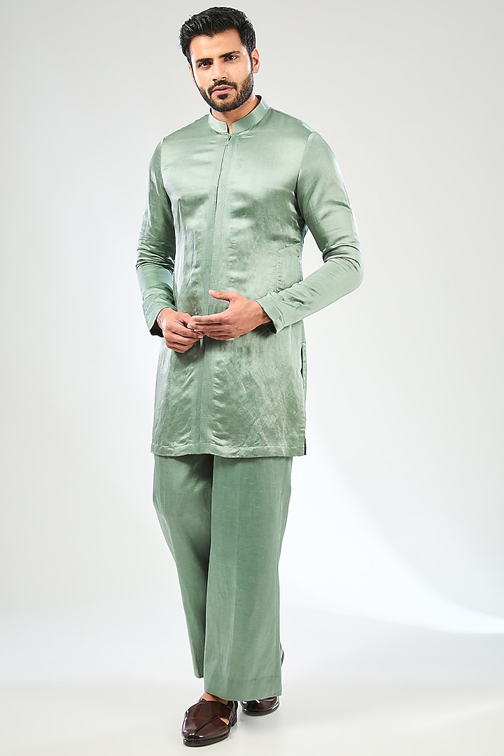 Green Velvet Satin Hand Embroidered Wedding Indowestern Set by Sulakshna Jasra at Pernia's Pop Up Shop