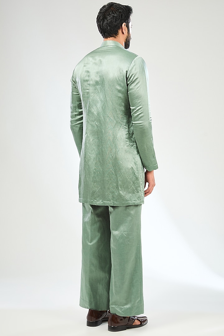 Green Velvet Satin Hand Embroidered Wedding Indowestern Set by Sulakshna Jasra at Pernia's Pop Up Shop