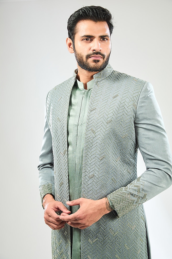Green Velvet Satin Hand Embroidered Wedding Indowestern Set by Sulakshna Jasra at Pernia's Pop Up Shop