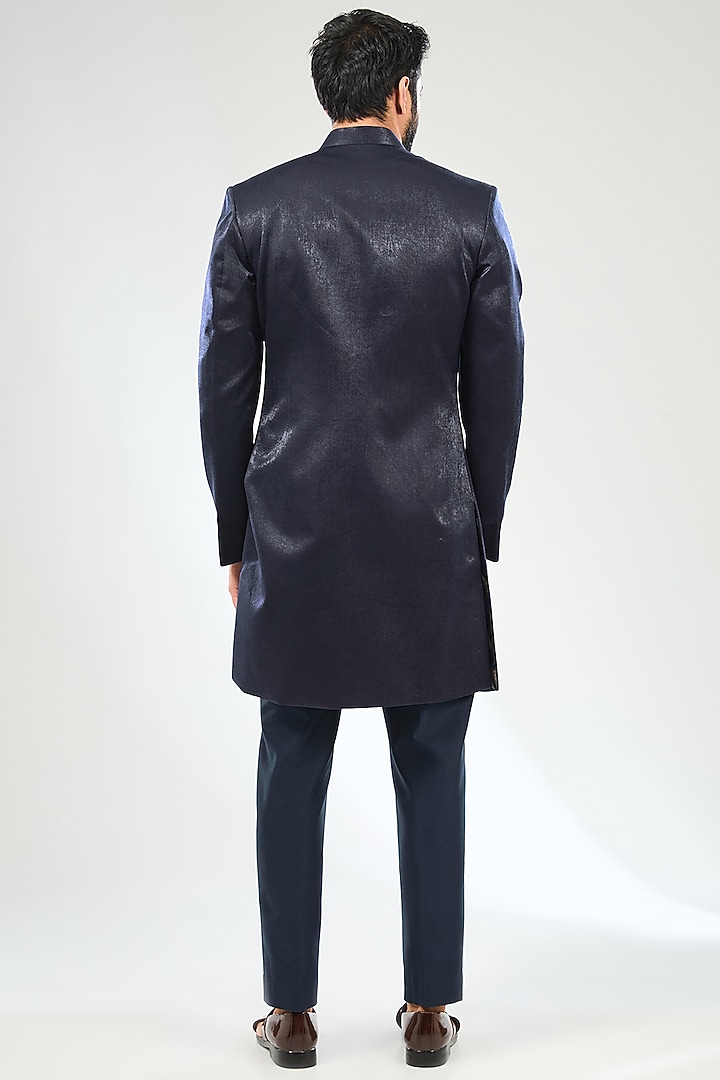 Navy Blue Velvet Satin Pleated Wedding Indowestern Set by Sulakshna Jasra at Pernia's Pop Up Shop