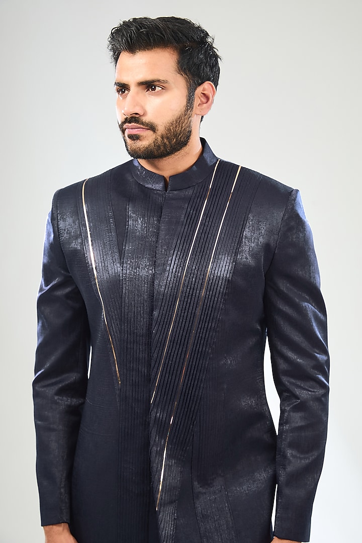 Navy Blue Velvet Satin Pleated Wedding Indowestern Set by Sulakshna Jasra at Pernia's Pop Up Shop