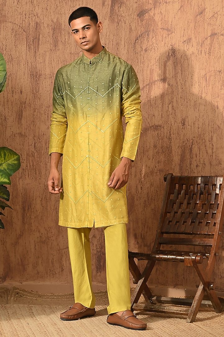 Green & Yellow Viscose Silk Patrawork Kurta Set by Sulakshna Jasra at Pernia's Pop Up Shop