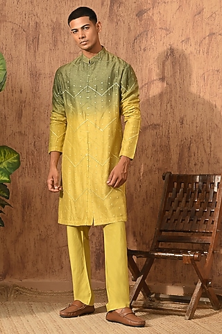 Green & Yellow Viscose Silk Patrawork Kurta Set by Sulakshna Jasra