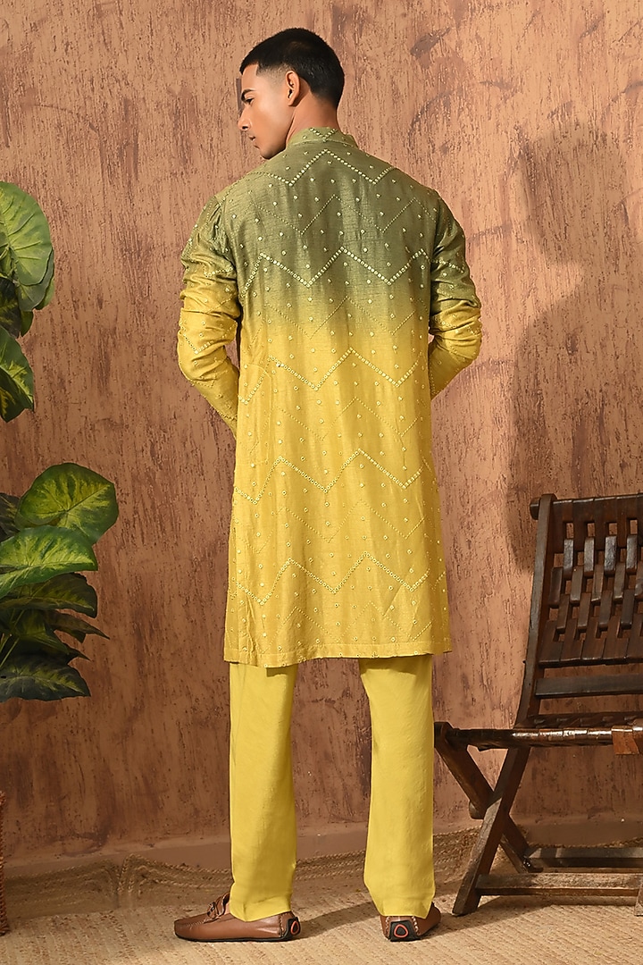 Green & Yellow Viscose Silk Patrawork Kurta Set by Sulakshna Jasra at Pernia's Pop Up Shop