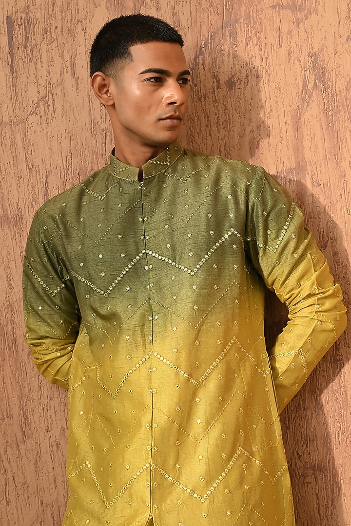 Green & Yellow Viscose Silk Patrawork Kurta Set by Sulakshna Jasra at Pernia's Pop Up Shop