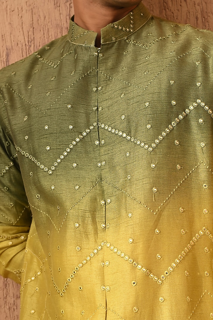 Green & Yellow Viscose Silk Patrawork Kurta Set by Sulakshna Jasra at Pernia's Pop Up Shop