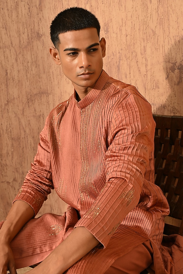 Rust Chanderi Pittawork Kurta Set by Sulakshna Jasra at Pernia's Pop Up Shop