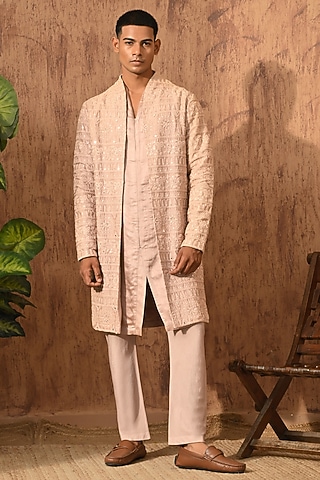 Rose Gold Chanderi Mirror Work Double-Layered Kurta Set by Sulakshna Jasra