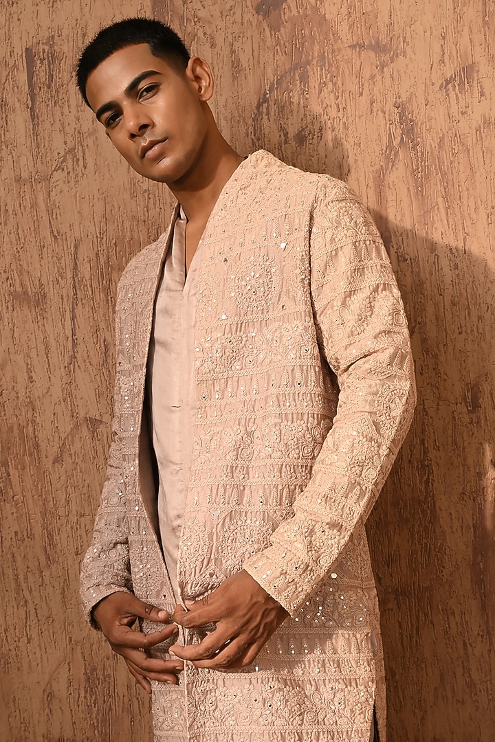 Rose Gold Chanderi Mirror Work Double-Layered Kurta Set by Sulakshna Jasra at Pernia's Pop Up Shop