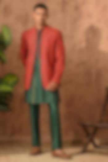 Rust Silk Hand Block Printed Wedding Bandhgala Set by Sulakshna Jasra at Pernia's Pop Up Shop